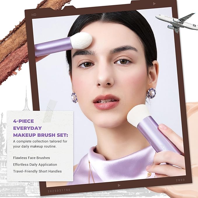 Jessup Makeup Brushes Set 4pcs Face Kabuki Brush for Foundation Contour Powder Blush Bronzer and Highlighter, Premium Synthetic Fiber Cruelty-Free, Luxury Purple T517-GlimoraGlow