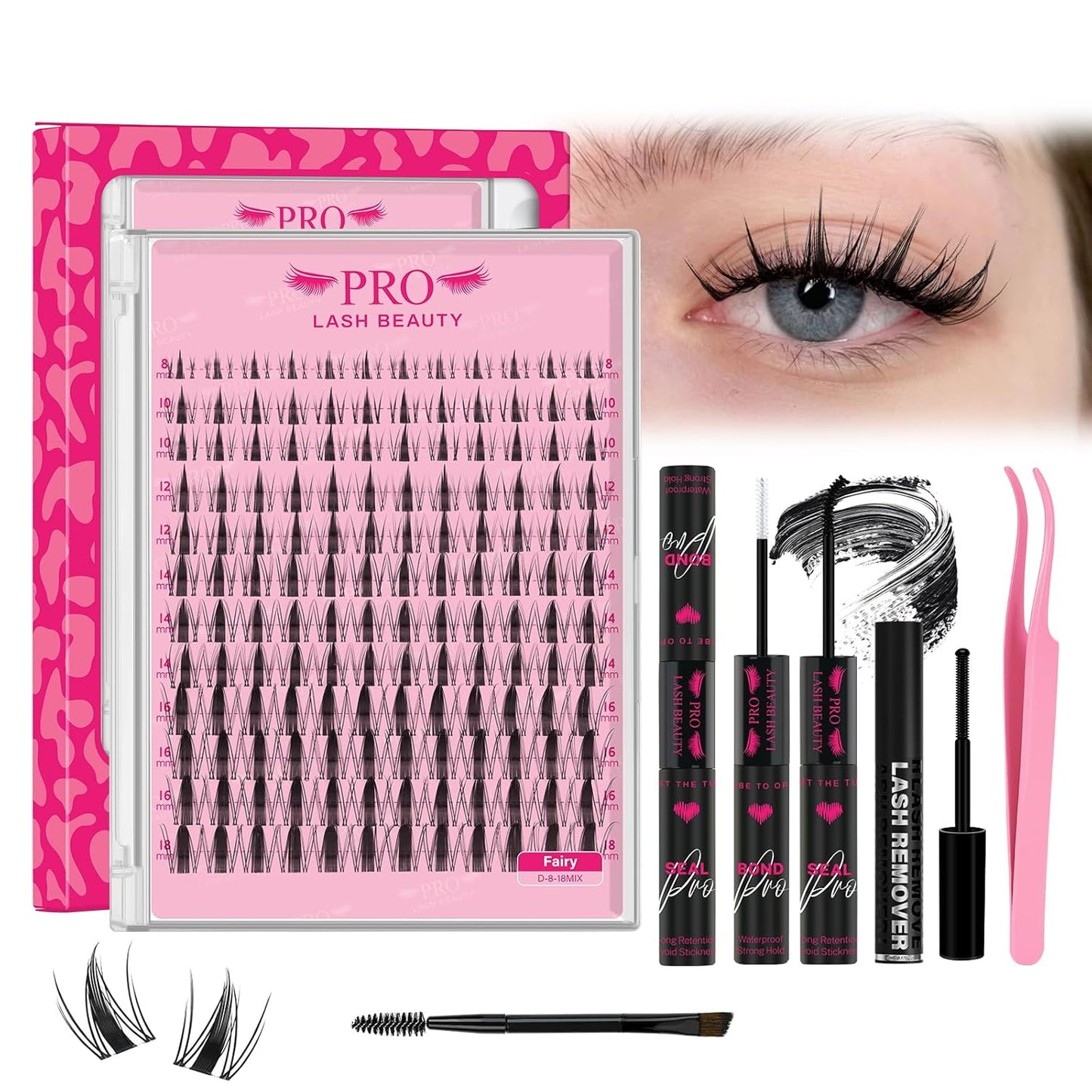 PROLASHBEAUTY Fairy Lash Clusters Kit Manga Spiky Eyelash Clusters Ultra Thin Band Natural Look Lashes Kit with Lash Bond and Seal Remover (Fairy, 8-18mix)-GlimoraGlow