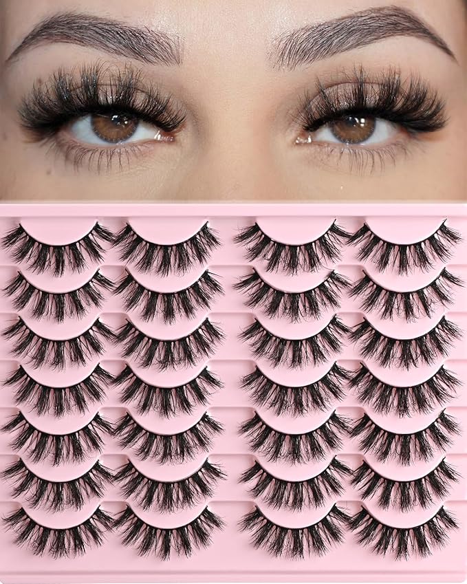 FARRED Fluffy Lashes Natural Eyelashes Short Wispy Eye Lash Strips 14 Pairs Separated Volume Eyelash Pack 16mm Dramatic Wispies Fake Strip Lashes Clusters Cat Eye Pestañas Spiky Look (F24 | 9-16mm)-GlimoraGlow