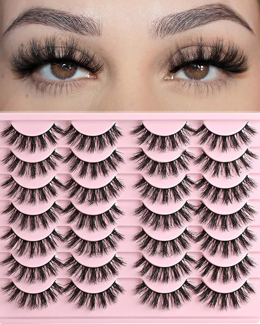 FARRED Fluffy Lashes Natural Eyelashes Short Wispy Eye Lash Strips 14 Pairs Separated Volume Eyelash Pack 16mm Dramatic Wispies Fake Strip Lashes Clusters Cat Eye Pestañas Spiky Look (F24 | 9-16mm)-GlimoraGlow
