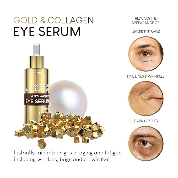 AZURE 24K Gold & Collagen Anti Aging Eye Serum - Firming, De-Puffing & Hydrating | Reduces Wrinkles, Fine Lines & Under Eye Bags | Minimize Signs of Aging | Made in Korea - 60mL-GlimoraGlow