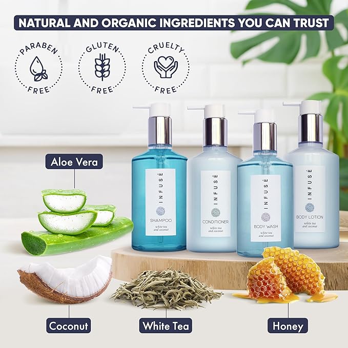 1-Shoppe Infuse 40 Piece Ecobox All-In-Kit | White Tea and Coconut Soap | 12 Shampoo, 8 Conditioner, 12 Body Wash & 8 Lotion | 10oz Hotel Soaps and Toiletries Bulk | Personal Care Products-GlimoraGlow