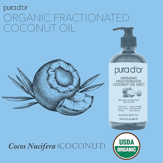 PURA D'OR 16.9 Oz ORGANIC Fractionated Coconut Oil MCT Oil (GLASS BOTTLE) 100% Pure & Natural USDA Certified Cold Pressed - Unscented, Hexane Free Moisturizer For Face, Skin & Hair Tonic - Men & Women-GlimoraGlow