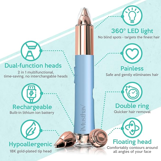 2 in 1 Flawless Eyebrow and Facial Hair Remover for Women Painless Electric Razor Epilator Trimmer Shaver with 18K Gold-Plated, USB Rechargeable, 360° LED for Eyebrow and Face Hair Removal-GlimoraGlow