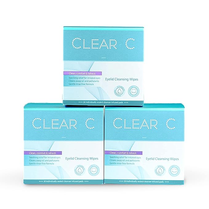 Clear C Eyelid Wipes Pre-Moistened for Dry Eyes – Rinse Free Eye Lid Cleaning Wipes – Individually Wrapped Travel Eye Wipes, 3 Boxes of 30-GlimoraGlow