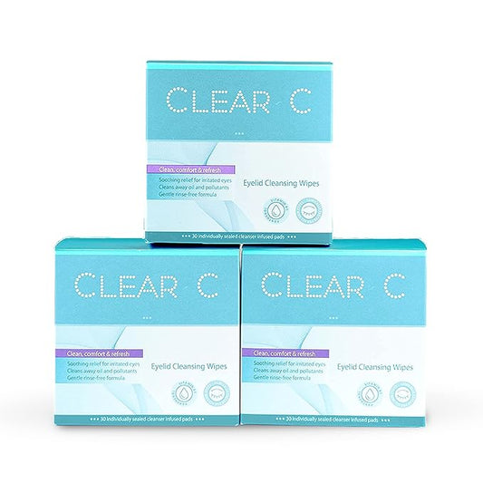 Clear C Eyelid Wipes Pre-Moistened for Dry Eyes – Rinse Free Eye Lid Cleaning Wipes – Individually Wrapped Travel Eye Wipes, 3 Boxes of 30-GlimoraGlow