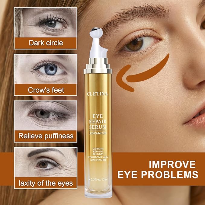 5% Caffeine Eye Serum With Roller For Dark Circles & Puffiness Bags Under Eye Treatment- Caffeine Eye Cream with 360° Massage Ball Roller For Anti Aging Wrinkles Fine Lines - Under eyes treatment-GlimoraGlow