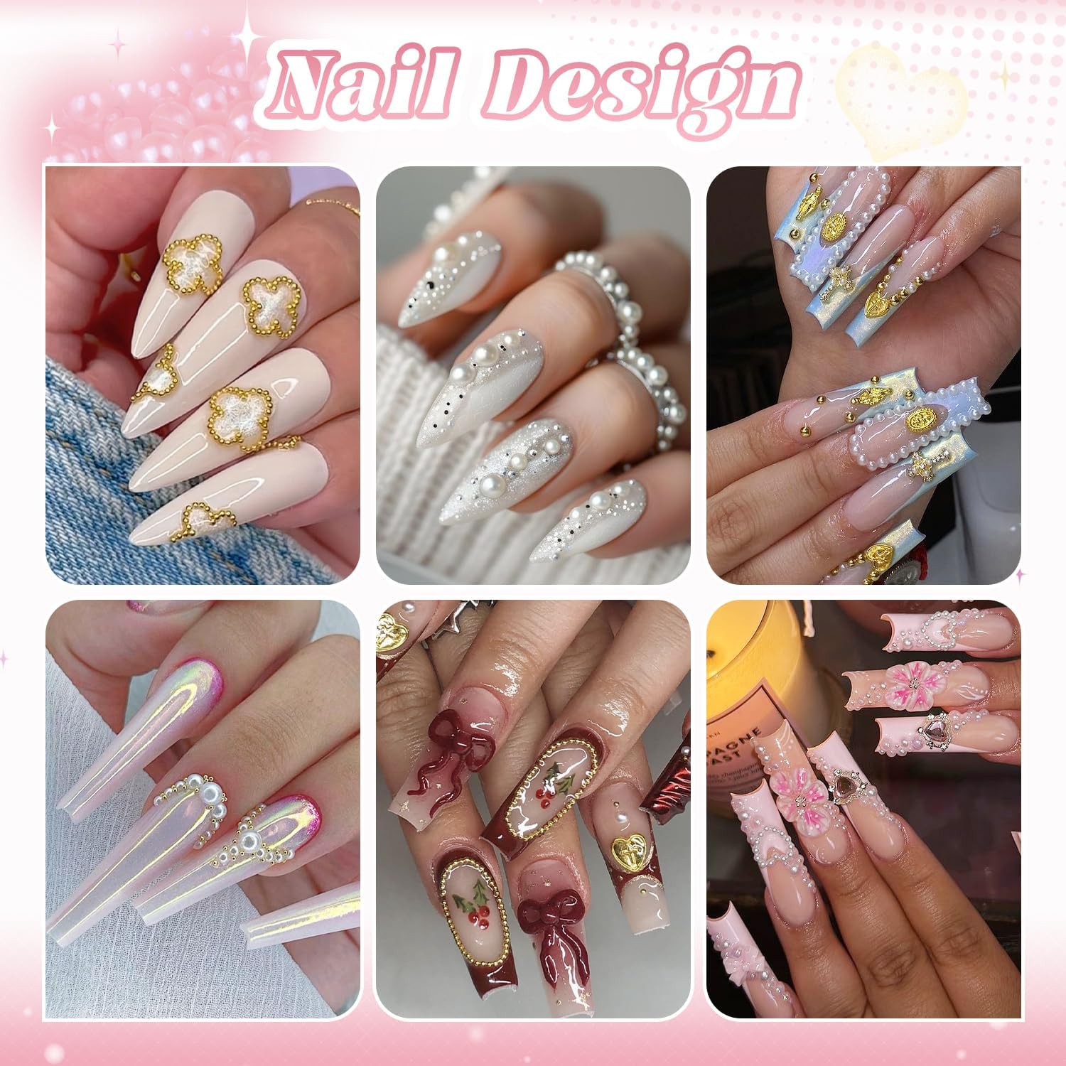 2 Boxes Flatback Pearls (White) and Metal Nail Beads (Silver+Gold) for Acrylic Nail Tips Manicure Decor-GlimoraGlow