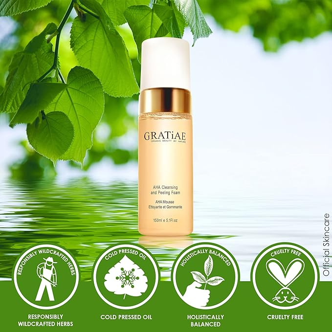 Gratiae organics, AHA Cleansing and Peeling Foam face wash, non-drying facial cleanser for sensitive, acne & allergy prone and all Skin Types, facial cleanser. 5.1 Fl. Oz-GlimoraGlow