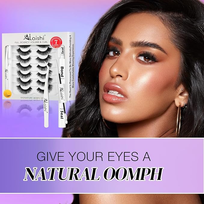 Fluffy False Eyelashes Kit With Bond, Seal and Tweezer, 7 Pairs Natural Look Fake Cat Eye Lashes Strips Thin Band Extensions Waterproof Easy Eyelashes for Beginners DF79-GlimoraGlow