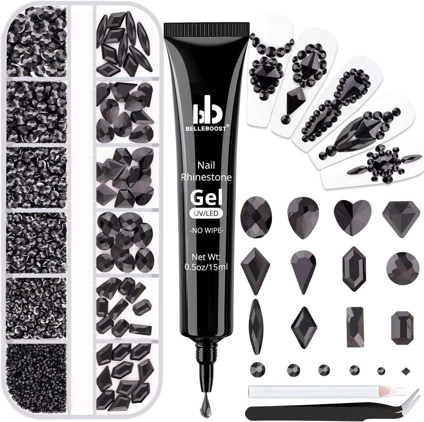 2060Pcs Black Glass Nail Rhinestones 60Pcs Multi Shapes Flatback Nail Gems + 2000Pcs 1.5-4mm Round Crystal with Rhinestones Glue Gel, Manicure Nail Charms Diamond Gemstones for Nail Art-GlimoraGlow