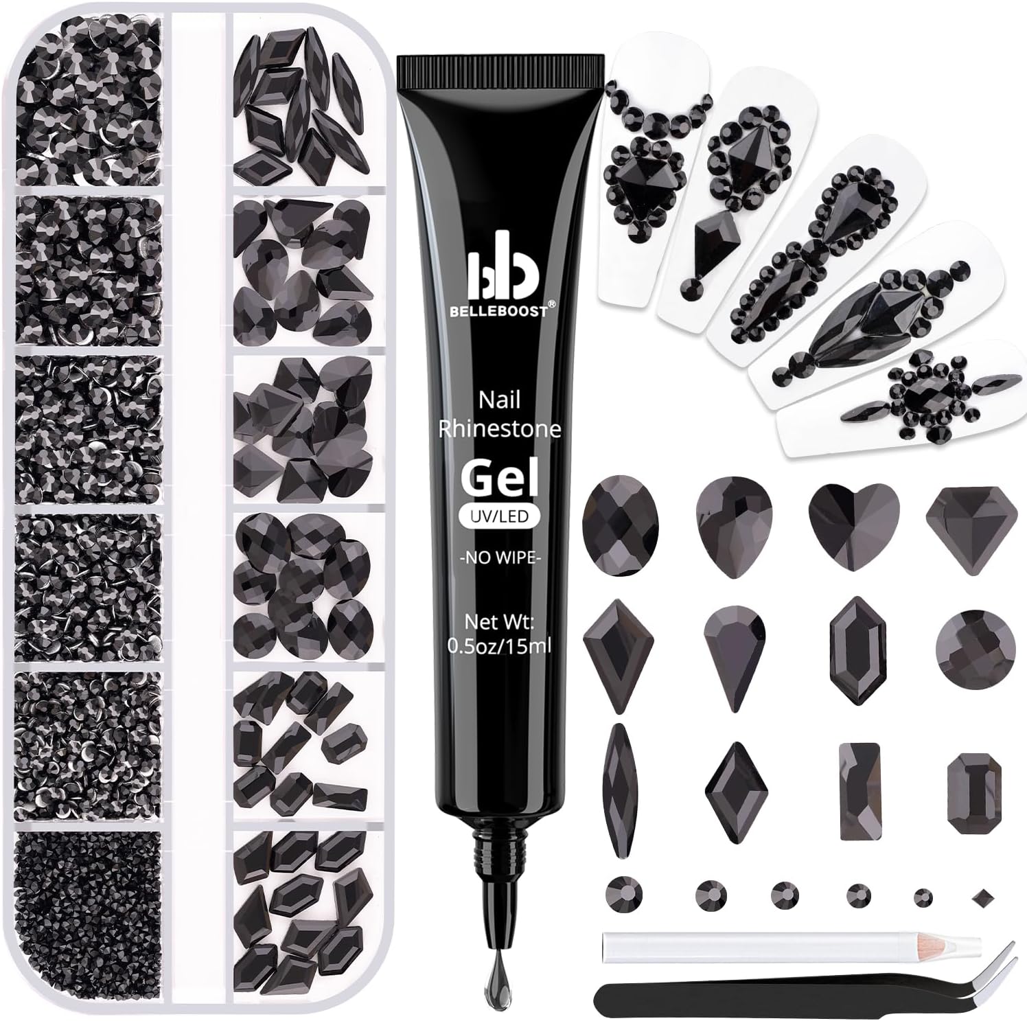 2060Pcs Black Glass Nail Rhinestones 60Pcs Multi Shapes Flatback Nail Gems + 2000Pcs 1.5-4mm Round Crystal with Rhinestones Glue Gel, Manicure Nail Charms Diamond Gemstones for Nail Art-GlimoraGlow