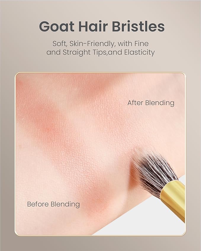 Desert Oak Series Stippling Brush - Dual-Length White & Gray LambsGoat Hair Bristles, Sloped Edge for Cream/Powder Perfection, Ebana Handle & Brass Ferrule (CM 168)-GlimoraGlow