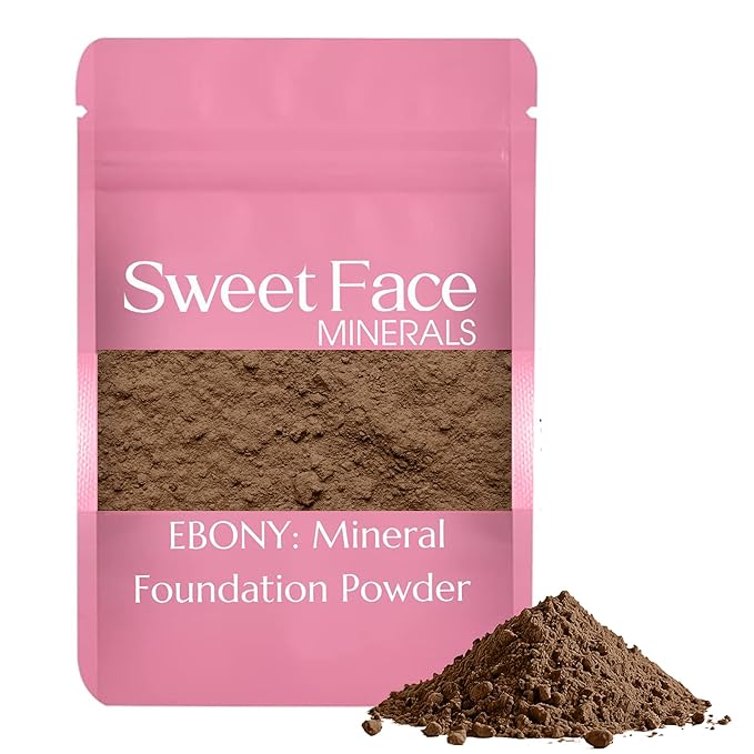 (12 Gram Bag) (EBONY) Foundation Powder Refill By Sweet Face Minerals, Lightweight Mineral Loose Makeup Powder with SPF 20, Full Coverage Flawless Finish, Talc-free, Cruelty-Free, Refillable Pouch-GlimoraGlow