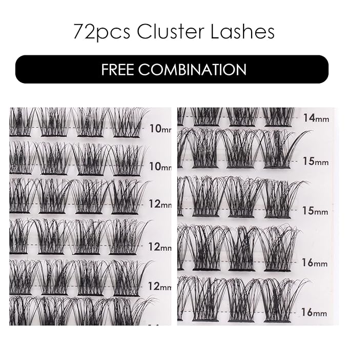 Cluster Lashes 72 Individual Lashes Clusters Eyelash Extensions False Eyelashes DIY Lash Extension Kit Reusable False Eyelashes Natural Look Mix 10-16mm C D Curl-DM17-GlimoraGlow