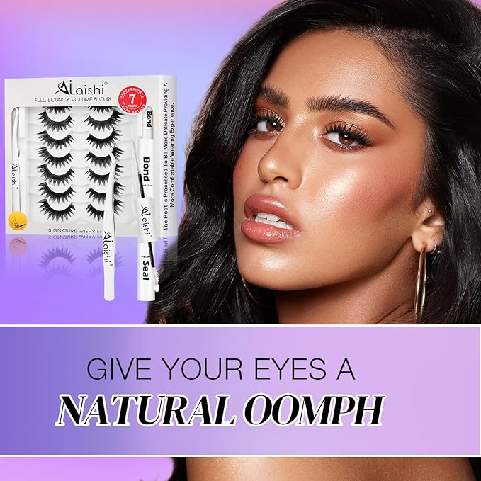 False Eyelashes Kit With Bond, Seal and Tweezer, 7 Pairs Fluffy Natural Look Fake Cat Eye Lashes Strips Thin Band Extensions Waterproof Easy Eyelashes for Beginners DF64-GlimoraGlow