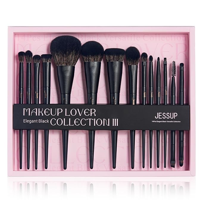 Jessup Makeup Brushes Set Jessup Make up Brushes 14Pcs Black Kabuki Foundation Eyeshadow Contour Concealer Powder Eyeliner Crease Eyebrow Blending Brush with Gift Box, T336-G-GlimoraGlow