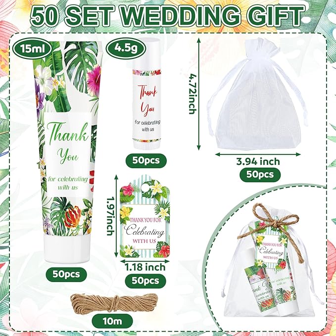 200 Pcs Baby Shower Wedding Party Favors Gift Set, 50 Pcs Baby Shower Hand Cream and 50 Lip Balm for Wedding Bridesmaid Guests Gift Supplies with 50 Organza Bag 50 Thank You Tag(Tropical)-GlimoraGlow