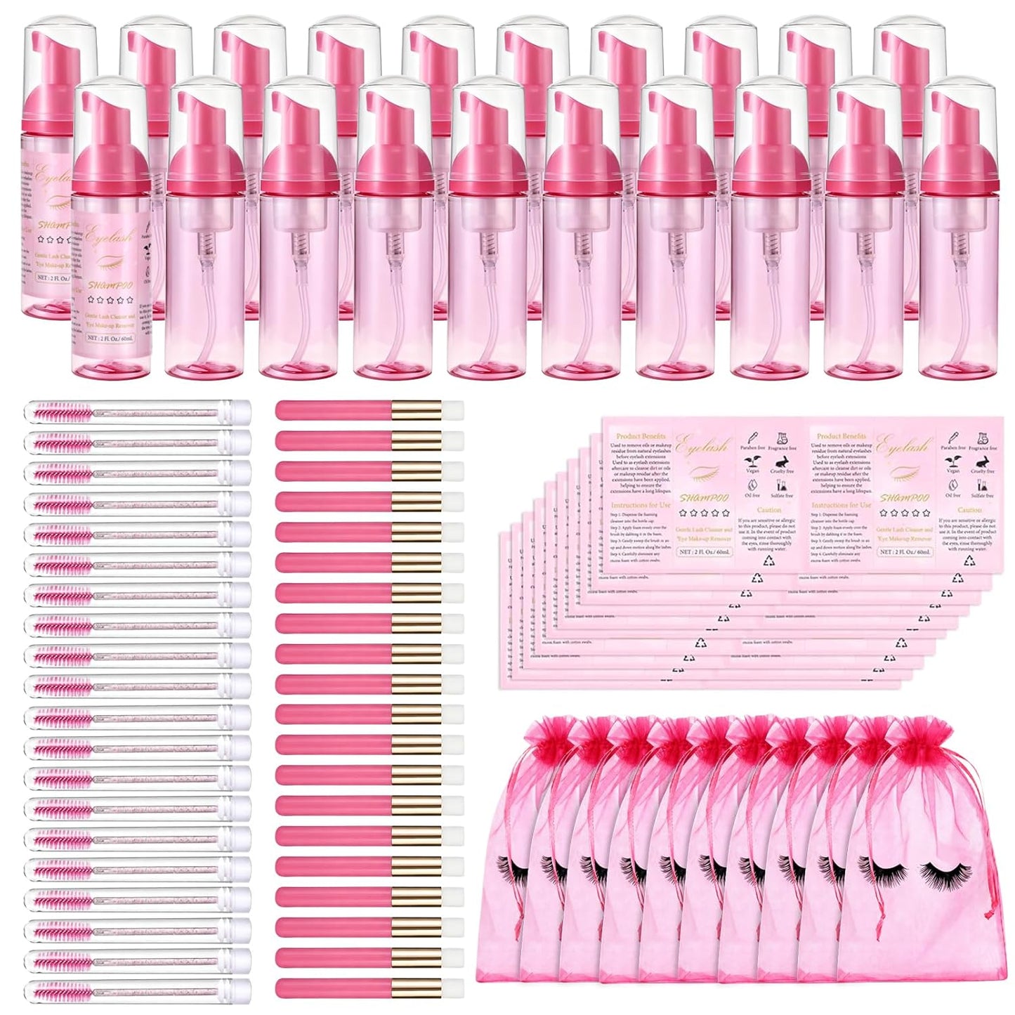 100 Pcs Lash Shampoo Bottle Brushes Set 20 Empty Foam Pump Dispensers 20 Label Stickers 20 Mascara Wands Tubes 20 Cleansing Brush 20 Bag for Eyelash Extensions Aftercare(Red Rose)-GlimoraGlow