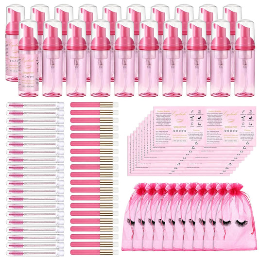 100 Pcs Lash Shampoo Bottle Brushes Set 20 Empty Foam Pump Dispensers 20 Label Stickers 20 Mascara Wands Tubes 20 Cleansing Brush 20 Bag for Eyelash Extensions Aftercare(Red Rose)-GlimoraGlow