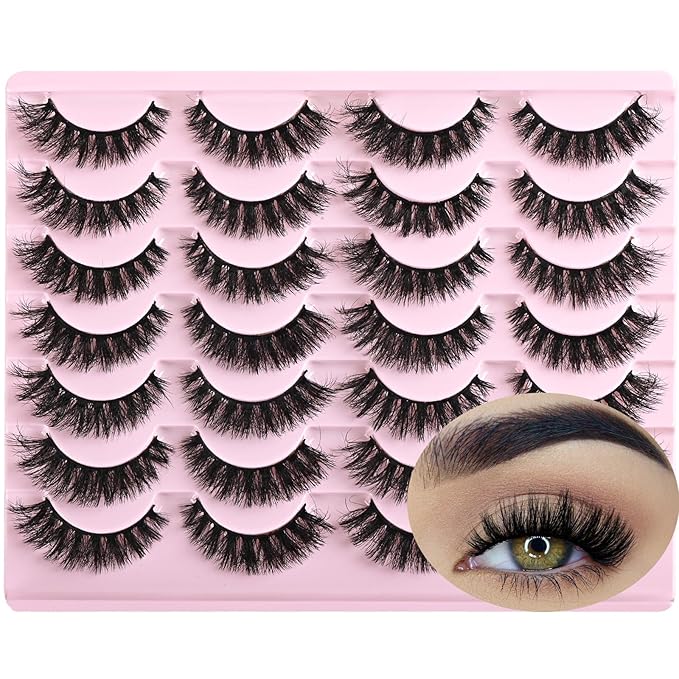 FARRED Wispy Mink Lashes Fluffy False Eyelashes 14 Pairs Fake Eyelashes Natural Look Short Natural Lashes Cat Eye Lash Wispy Volume Eyelash Faux Mink Strip Lashes Pack for Daily Makeup (F19 | 6-13 mm)-GlimoraGlow