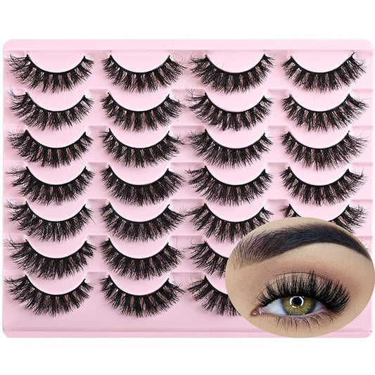 FARRED Wispy Mink Lashes Fluffy False Eyelashes 14 Pairs Fake Eyelashes Natural Look Short Natural Lashes Cat Eye Lash Wispy Volume Eyelash Faux Mink Strip Lashes Pack for Daily Makeup (F19 | 6-13 mm)-GlimoraGlow