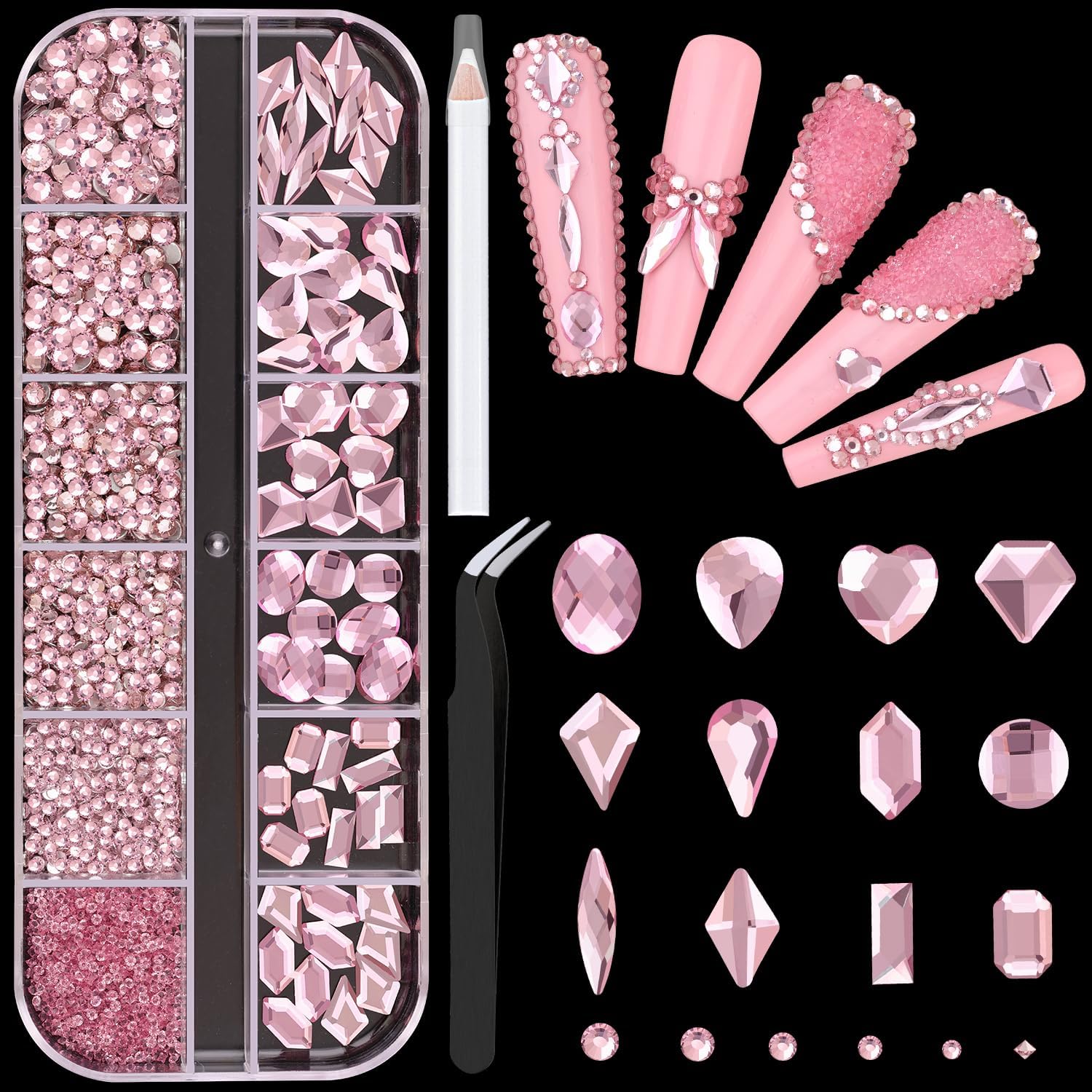 2060Pcs Pink Glass Nail Rhinestones 60Pcs Multi Shapes Flatback Nail Gems + 2000Pcs 1.5-4mm Round Crystal, Manicure Nail Charms Diamond Gemstones for Acrylic Nails Decoration-GlimoraGlow