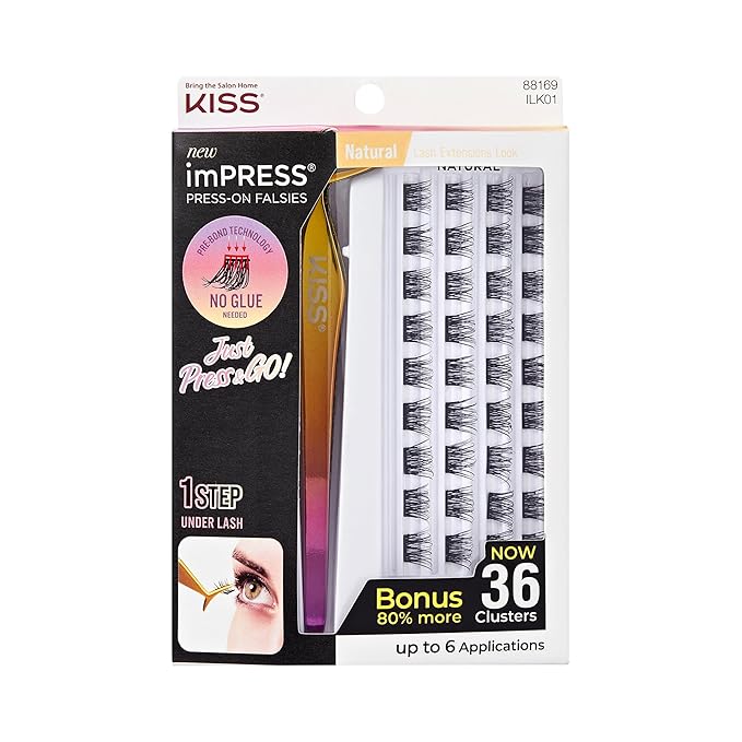 KISS imPRESS Falsies Press On Self Adhesive Eyelashes, 12mm-14mm Natural Volume Press On Lashes, Black, No Glue Needed, Invisible Band, 20 Lash Clusters & Non-Stick Applicator - Natural-GlimoraGlow