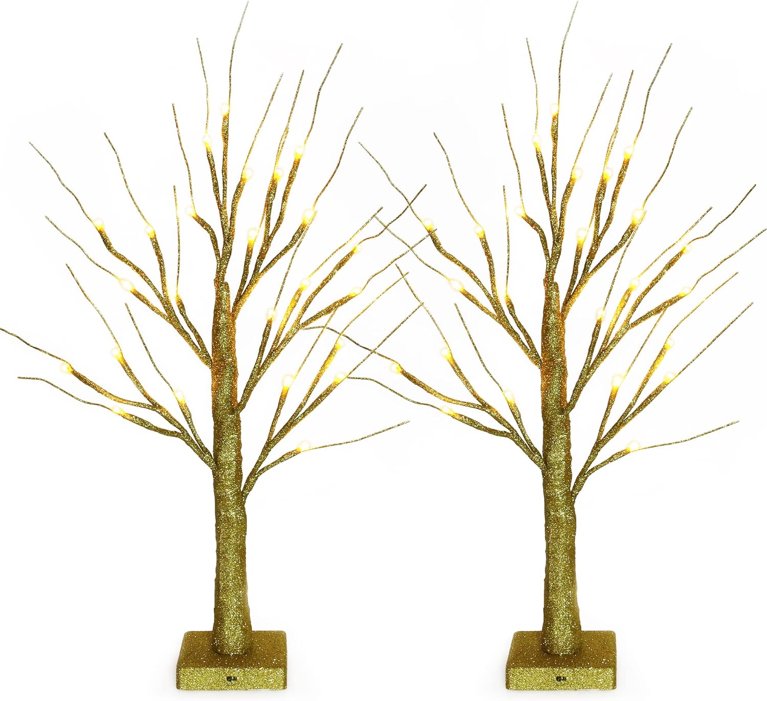 Sunnyglade 2PCS 2Ft 24 LED Birch Tree Light Fairy Tree Bonsai Tree Light Warm White for Home Wedding Festival Party Christmas Decoration (Golden)