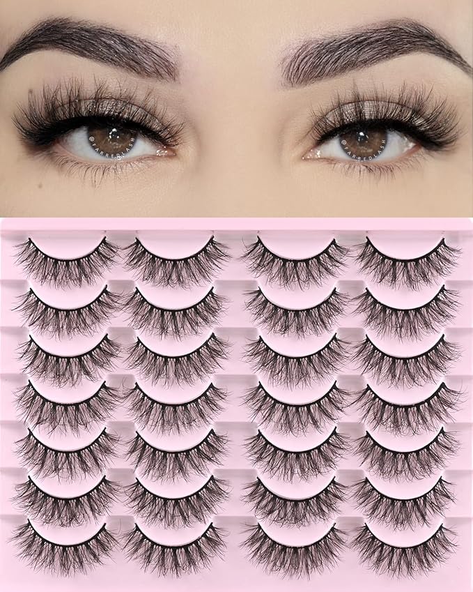 FARRED Natural Lashes Short Eyelashes Wispy False Mink Lash Pack 14 Pair Natural Look Fluffy Doll Eyelash Small Fake Strip Lashes Full Pestañas Sets for MUA and Beginners Daily Makeup (F3 | 8-16mm)-GlimoraGlow