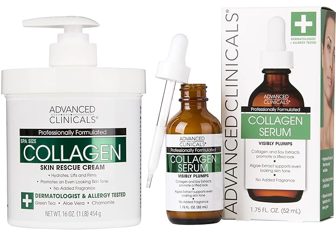 Advanced Clinicals Unscented Collagen Body Cream + Collagen Serum For Face 2PC Skincare Set | Face Serum & Body Lotion For Women & Men Helps Improve Look Of Wrinkles & Dry Skin, Fragrance Free, 2pc-GlimoraGlow