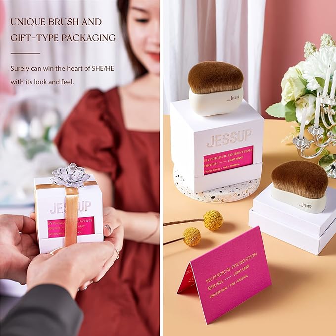 Jessup Makeup Brush, Foundation Brush Flat Top Kabuki Brush for Face Blush Liquid Powder Foundation Brush for Blending Buffing Stippling with Gift Box, Light Gray SF002-GlimoraGlow