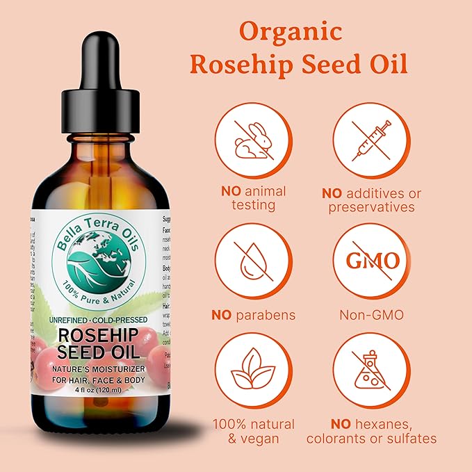 Bella Terra Oils - Organic Rosehip Seed Oil 2 oz - Cold-Pressed Elixir, Rich in Vitamin A, C, & E, Linoleic & Alpha-Linolenic Acid, Perfect Facial Emollient-GlimoraGlow