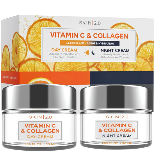 Vitamin C & Collagen Day & Night Face Moisturizer Cream - Dermatologist Tested, Brightening, Anti-Aging, Clean Beauty, Cruelty-Free Korean Skincare for All Skin Types - 1.69 oz (2-Pack)-GlimoraGlow