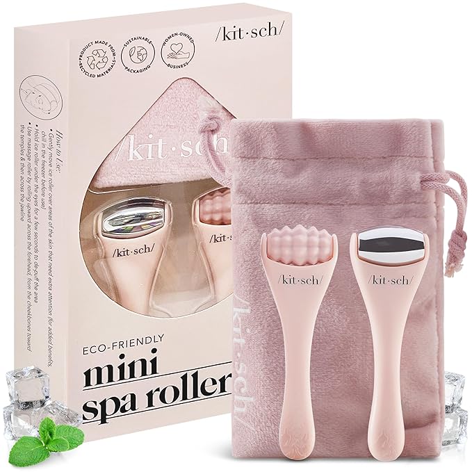 Kitsch Mini Facial Roller & Ice Face Roller Skin Care Tool Set for Women - Face Massager for Puffy Eyes, Cold Therapy, Lymphatic Drainage Massager, Self Care Gifts for Women & Men - Blush-GlimoraGlow