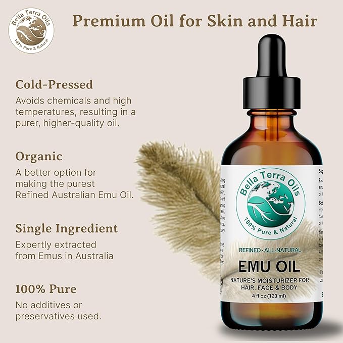 Bella Terra Oils - Emu Oil 4 oz - Genuine Pure Australian Emu, Infused with Linoleic & Oleic Acid, Perfect Companion for Lustrous Skin-GlimoraGlow