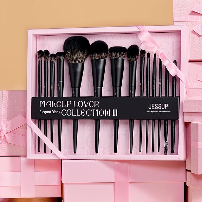 Jessup Makeup Brushes Set Jessup Make up Brushes 14Pcs Black Kabuki Foundation Eyeshadow Contour Concealer Powder Eyeliner Crease Eyebrow Blending Brush with Gift Box, T336-G-GlimoraGlow