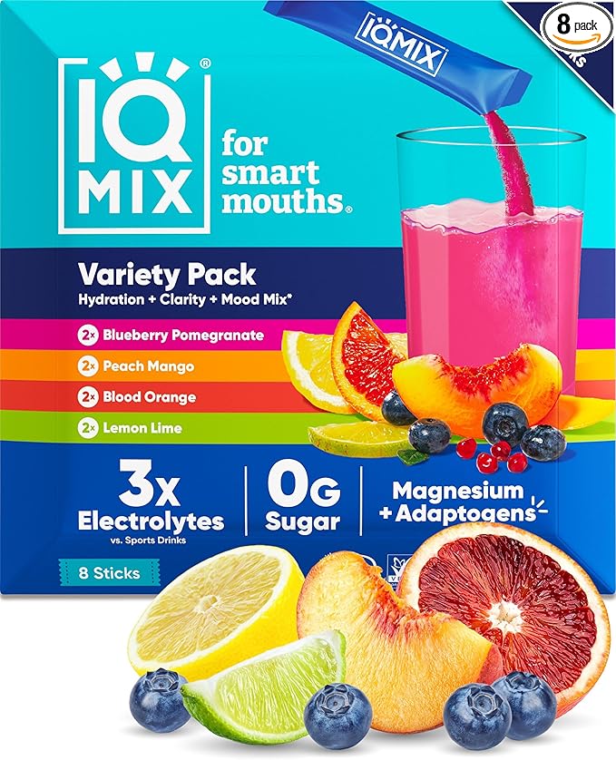 IQMIX Hydration Electrolyte Powder – 4-in-1 Formula for Hydration, Mental Clarity, Mood and Recovery – Sugar-Free Drink Mix, Keto, Magnesium L-Threonate, Lion’s Mane – 8 Count Sampler Pack-GlimoraGlow