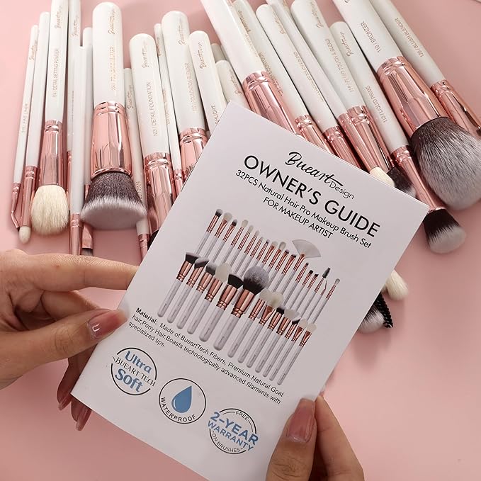 Pro makeup Artist Brushes Set 32Pcs Luxury Goat Hair Horse hair Makeup Brush Set eye and face brushes for every possibility By Bueart Design (Pearl White)-GlimoraGlow