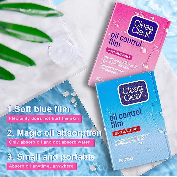 Oil Absorbing Tissues Oil Control Film, Oil Blotting Paper Same Series with Clean & Clear Oil Absorbing Facial Sheets for Oily Skin, 60 sheets Blue + 50 sheets Pink-GlimoraGlow