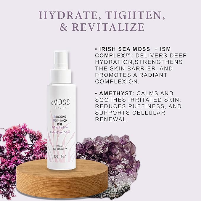 Sea Moss Infused Face and Mood Lifting Mist with Real Amethyst, Caffeine, Sage, and Hyaluronic Acid to Tighten, Brighten Skin and Calm Emotions-GlimoraGlow