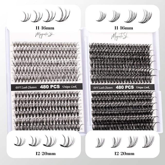 Lash Clusters 480 Clusters 60D 80D Thick Eyelash Extension 30D 40D Individual Eyelashes D Curl 11-20mm False Eyelash Multi-Style DIY Lash Extensions for Beginners(30D-80D-D, 11-20MIX)-GlimoraGlow