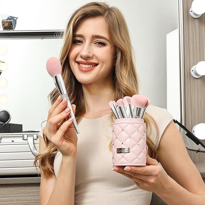 Bueart Design Elegant pink Ultra soft labeled Makeup Brushes Sets with Brush Holder makeup brush set with Foundation Powder blush blending contour Brush (15Pcs Silver Pink+Holder)-GlimoraGlow
