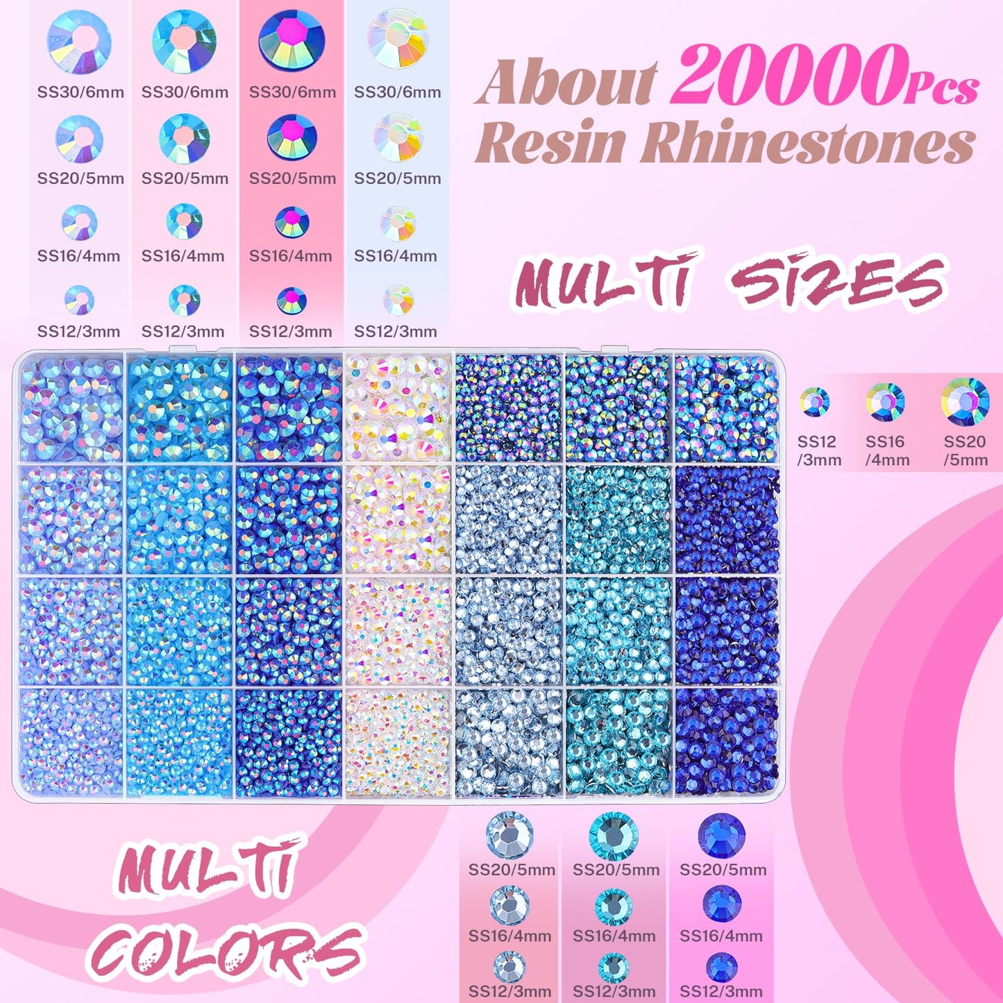 20000Pcs Blue Rhinestones for Bedazzling with 1Pcs B7000 Jewelry Glue, Resin Rhinestones for Crafting Crafts DIY, Bedazzler Kit Gems for Clothing Shoes Tumblers Nail Art Assorted Size 3/4/5/6mm-GlimoraGlow