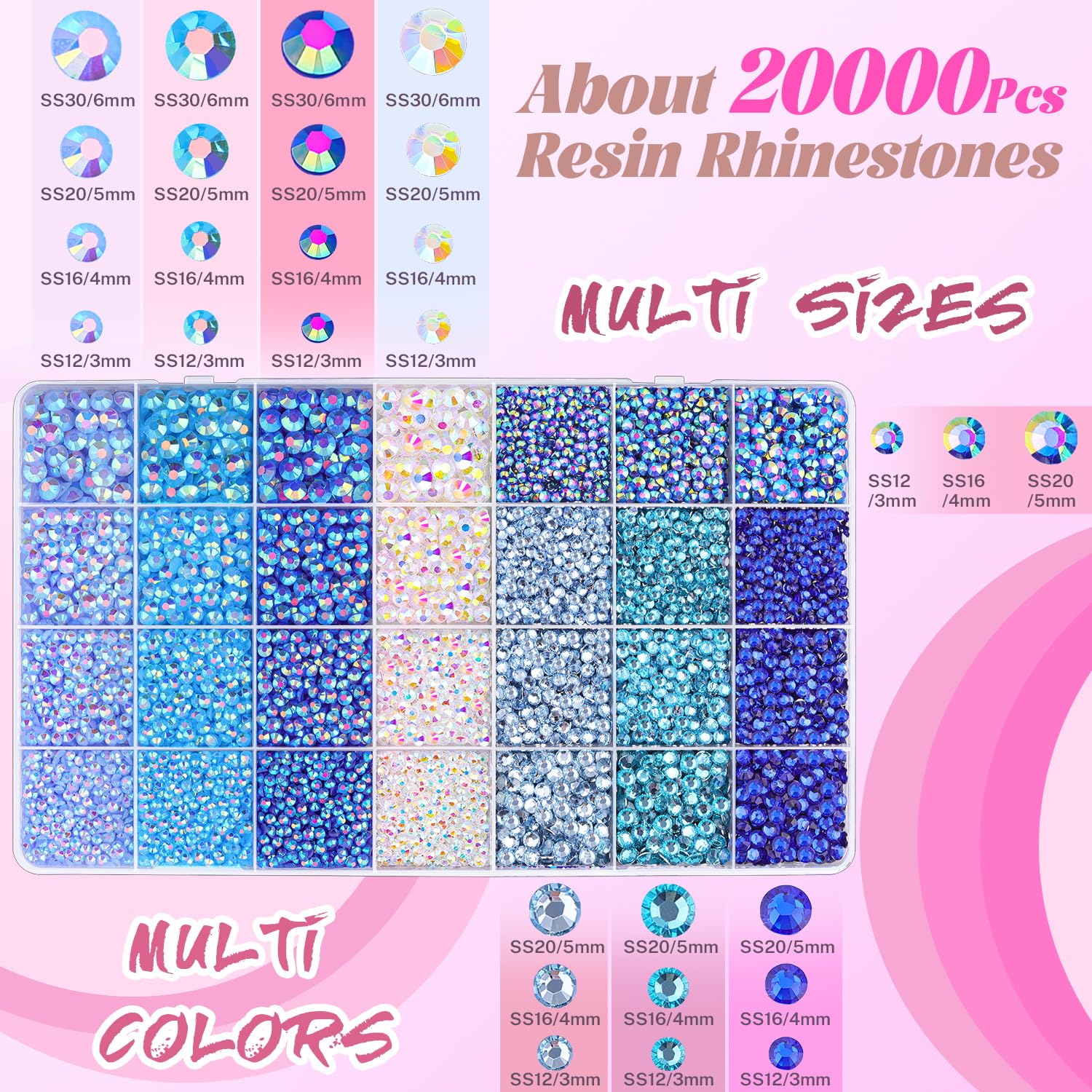 20000Pcs Blue Rhinestones for Bedazzling with 1Pcs B7000 Jewelry Glue, Resin Rhinestones for Crafting Crafts DIY, Bedazzler Kit Gems for Clothing Shoes Tumblers Nail Art Assorted Size 3/4/5/6mm-GlimoraGlow