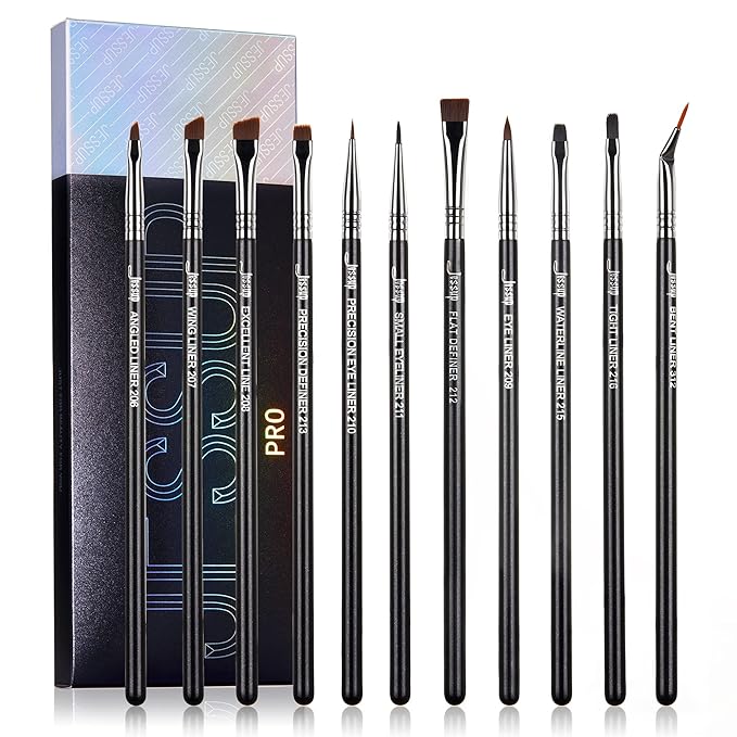 Jessup Eyeliner Brush Set, Professional Eye Liner Makeup Brushes 11pcs, Angled Flat Definer Ultra Fine Bent Pencil Point Eyeliner Brushes for Precision Liner, T324-GlimoraGlow