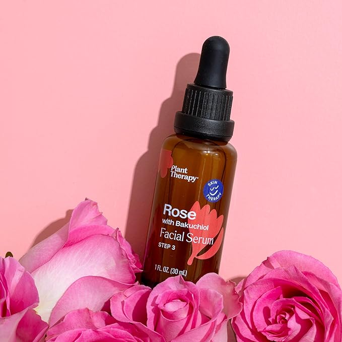 Plant Therapy Rose with Bakuchiol Facial Serum 1 oz with Rose Extract, Rosehip Seed Oil, and Carrot Seed Oil, Reduces the Appearance of Fine Lines & Wrinkles-GlimoraGlow