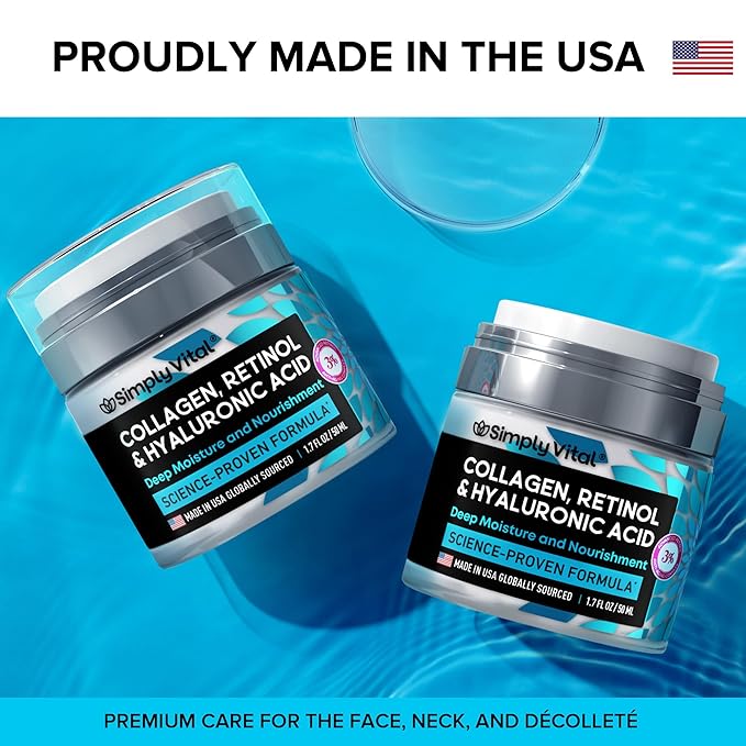 SimplyVital Collagen, Retinol & Hyaluronic Acid Cream - Anti-Aging Face Moisturizer for Face, Firming Skin Care Neck & Décolleté - Made in USA, Daily Moisturizer Face Cream Day & Night - 1.7 fl.oz.-GlimoraGlow