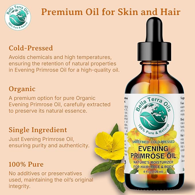Bella Terra Oils - Organic Evening Primrose Oil 8 oz - Harvested for Excellence, Packed with Nutrients & Omega-6, Perfect Elixir for Enhancing Natural Beauty-GlimoraGlow