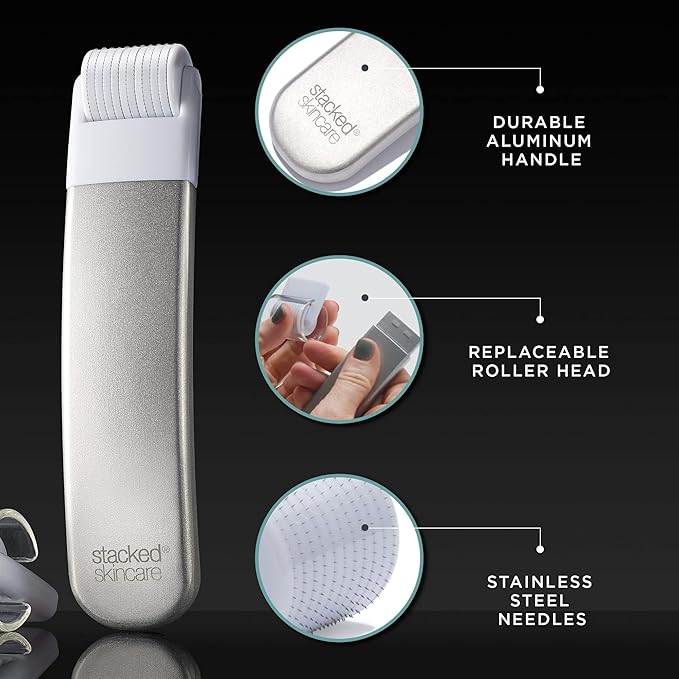 StackedSkincare Microneedling Roller with Replaceable 0.2mm Stainless Steel Needle Head - Gentle Micro Needle Roller for Face, Scalp & Body - Ergonomic Aluminum Handle for Smooth, Even, Radiant Skin-GlimoraGlow